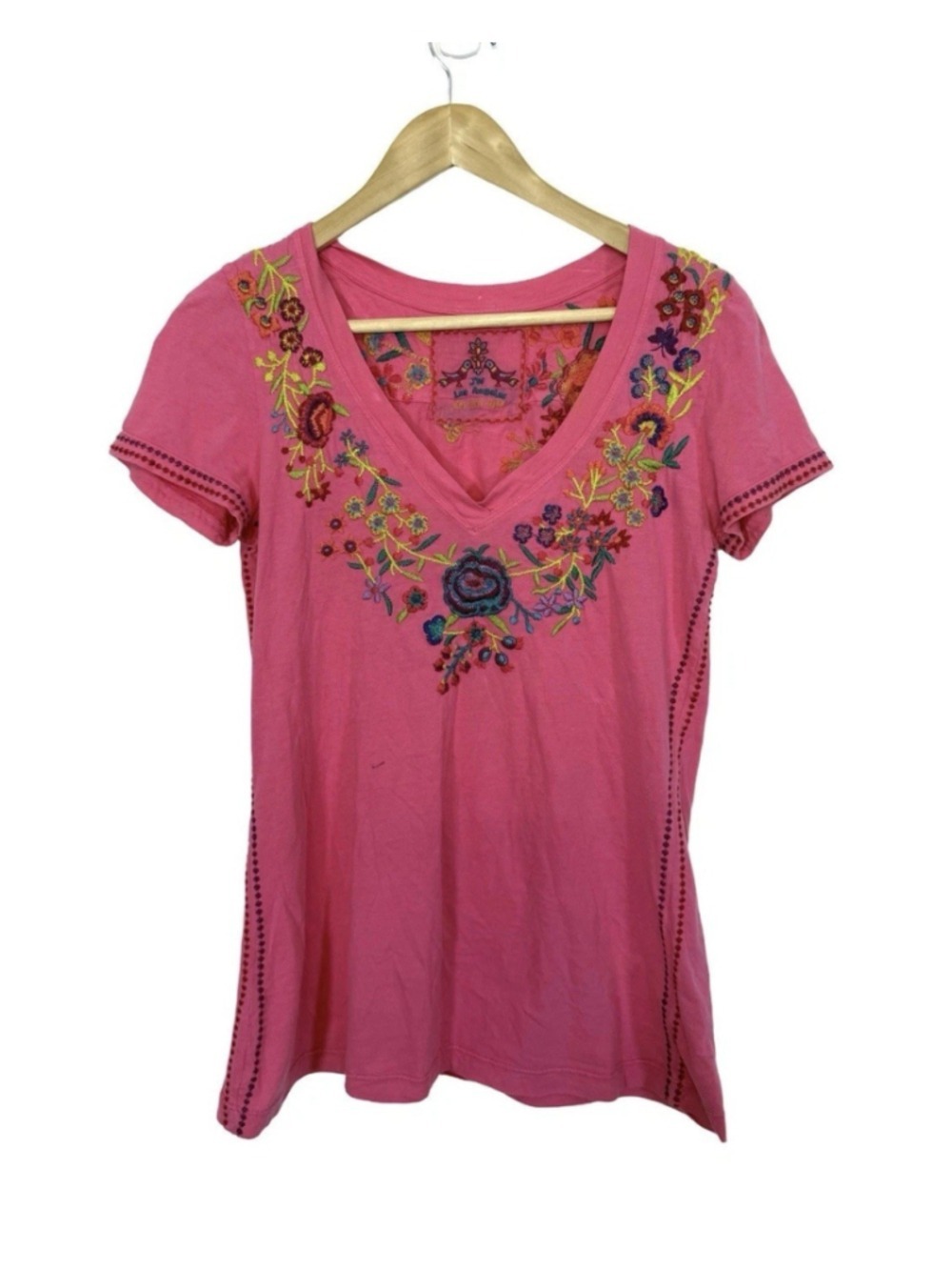 Johnny Was Love Floral Embroidered V-Neck Shirt Pink XS Women Boho Beach Summer
